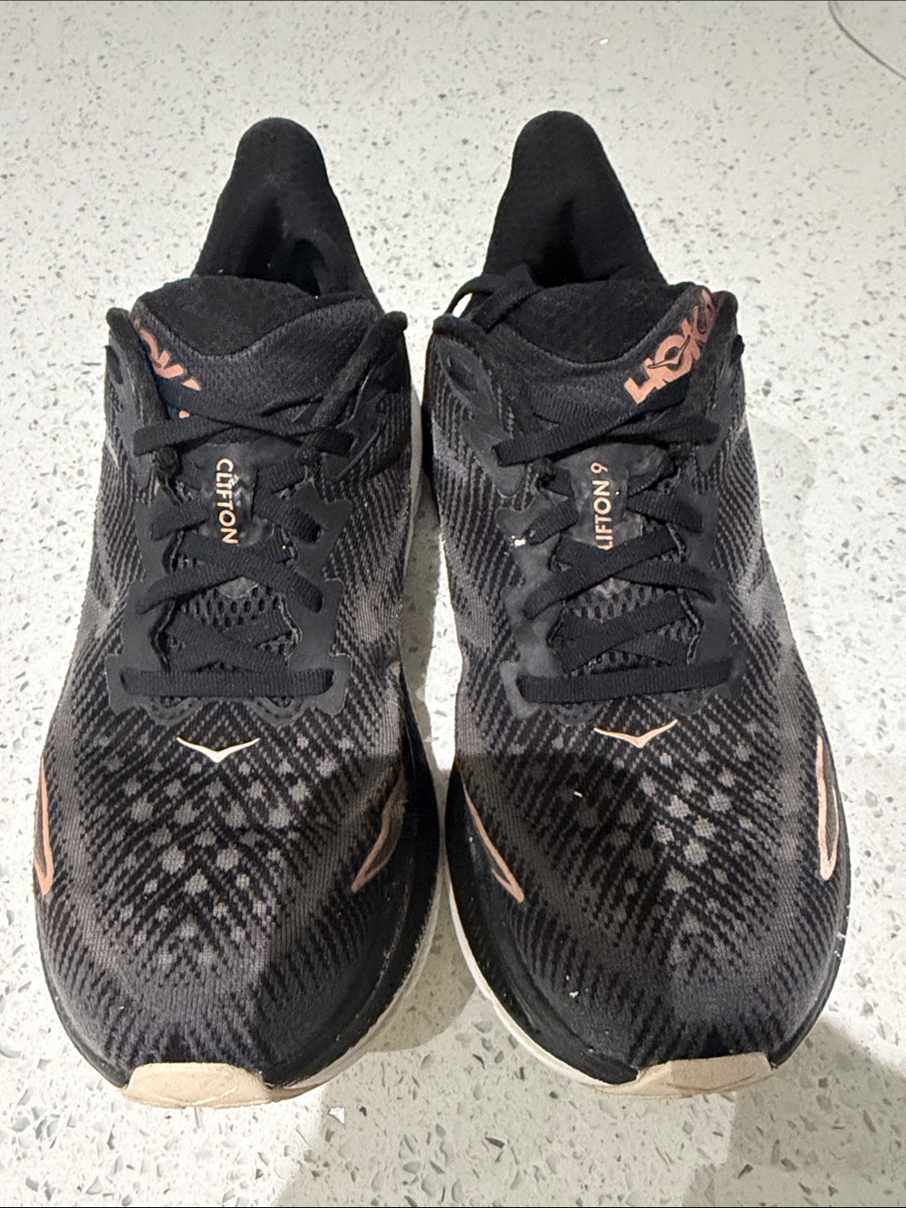 Hoka Black Running Shoes with Rose Gold Details